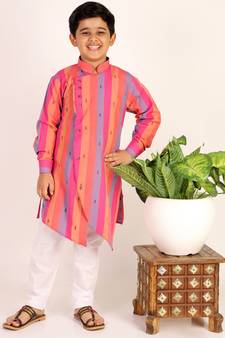 Pink Stripes Cotton Jacquard Kurta Pajama Set // Traditional Wear