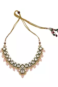 Styylo Fashion Kundan Gold plated Traditional Brass Pink Bead Jewellery set with Earring Maangtika