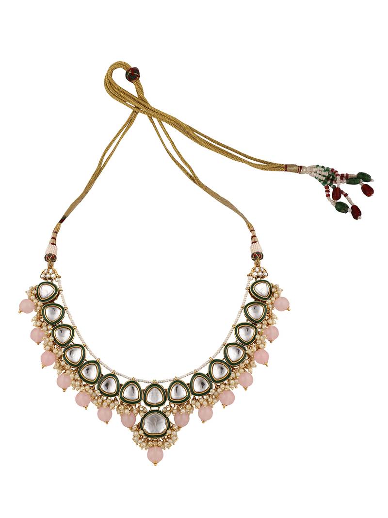 Styylo Fashion Kundan Gold plated Traditional Brass Pink Bead Jewellery set with Earring Maangtika