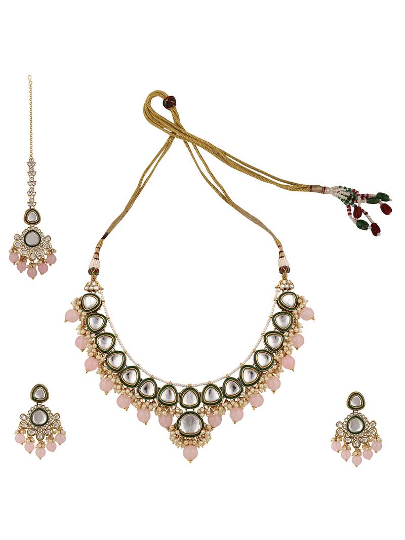 Styylo Fashion Kundan Gold plated Traditional Brass Pink Bead Jewellery set with Earring Maangtika