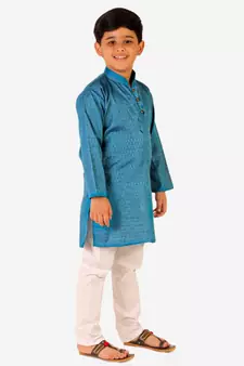 Sky Blue Stripes SIlk Jacquard Kurta Pajama Set // Traditional Wear