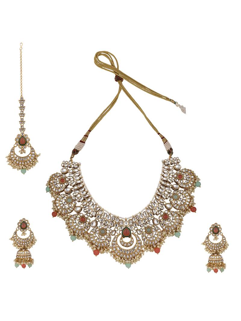 Styylo Fashion Traditional Gold Plated Kundan Stone With Multi Beads Necklace With earring Maangtika