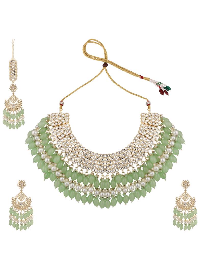 Styylo Fashion Sea Green Traditional Gold Plated Kundan and Bead Necklace With Earring Maangtika