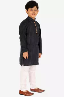 Dark Blue Stripes SIlk Jacquard Kurta Pajama Set // Traditional Wear