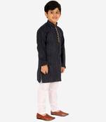 Dark Blue Stripes SIlk Jacquard Kurta Pajama Set // Traditional Wear
