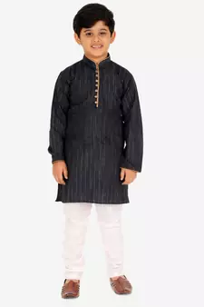 Dark Blue Stripes SIlk Jacquard Kurta Pajama Set // Traditional Wear