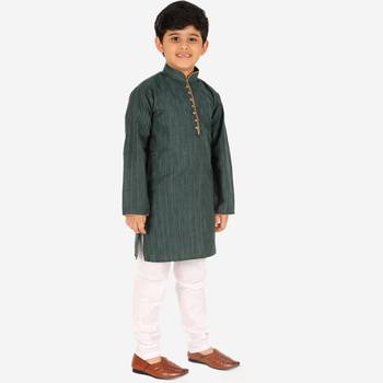 Dark Green Stripes SIlk Jacquard Kurta Pajama Set // Traditional Wear 1