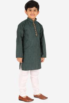 Dark Green Stripes SIlk Jacquard Kurta Pajama Set // Traditional Wear
