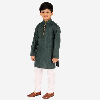 Dark Green Stripes SIlk Jacquard Kurta Pajama Set // Traditional Wear 3