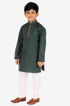 Dark Green Stripes SIlk Jacquard Kurta Pajama Set // Traditional Wear