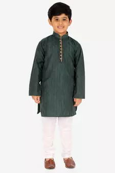 Dark Green Stripes SIlk Jacquard Kurta Pajama Set // Traditional Wear