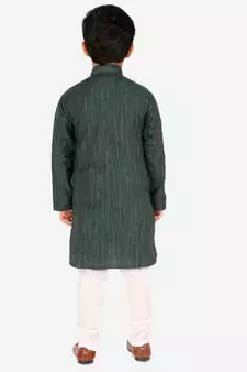 Dark Green Stripes SIlk Jacquard Kurta Pajama Set // Traditional Wear