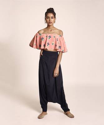 PS Pret by Payal Singhal Coral Printed Art Crepe Ruffle Off Shoulder Top with Navy Art Crepe Low Crotch Pant 4
