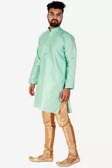 Firozi Printed Silk Kurta Pajama & Waistcoat Set For Mens
