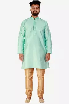 Firozi Printed Silk Kurta Pajama & Waistcoat Set For Mens