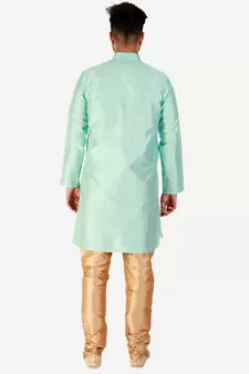 Firozi Printed Silk Kurta Pajama & Waistcoat Set For Mens