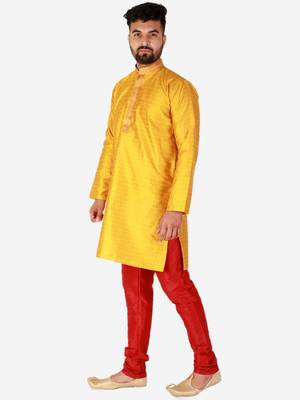 Gold Printed Silk Kurta Pajama & Waistcoat Set For Mens 1