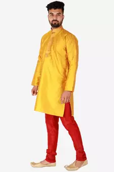 Gold Printed Silk Kurta Pajama & Waistcoat Set For Mens