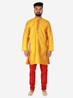 Gold Printed Silk Kurta Pajama & Waistcoat Set For Mens 2