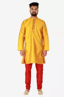 Gold Printed Silk Kurta Pajama & Waistcoat Set For Mens