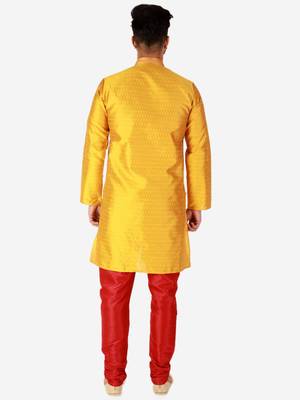 Gold Printed Silk Kurta Pajama & Waistcoat Set For Mens 3