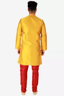 Gold Printed Silk Kurta Pajama & Waistcoat Set For Mens