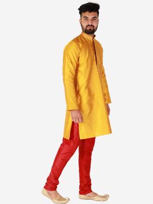 Gold Printed Silk Kurta Pajama & Waistcoat Set For Mens 4