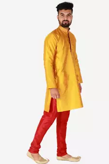 Gold Printed Silk Kurta Pajama & Waistcoat Set For Mens