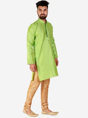 Green Printed Silk Kurta Pajama & Waistcoat Set For Mens 1