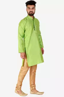 Green Printed Silk Kurta Pajama & Waistcoat Set For Mens