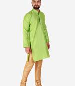 Green Printed Silk Kurta Pajama & Waistcoat Set For Mens