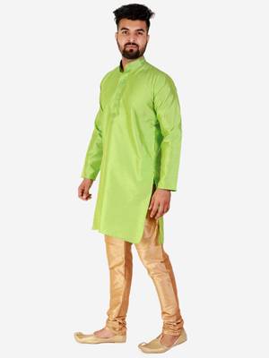 Green Printed Silk Kurta Pajama & Waistcoat Set For Mens 2