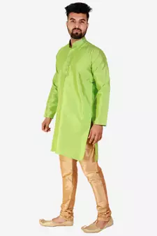 Green Printed Silk Kurta Pajama & Waistcoat Set For Mens