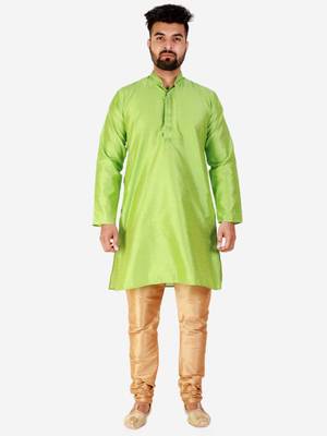 Green Printed Silk Kurta Pajama & Waistcoat Set For Mens 3