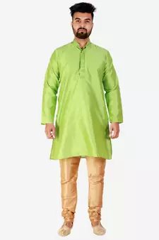 Green Printed Silk Kurta Pajama & Waistcoat Set For Mens