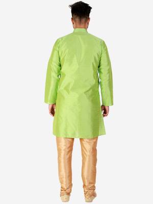 Green Printed Silk Kurta Pajama & Waistcoat Set For Mens 4