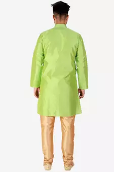 Green Printed Silk Kurta Pajama & Waistcoat Set For Mens