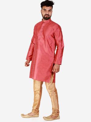 Maroon Printed Silk Kurta Pajama & Waistcoat Set For Mens 1