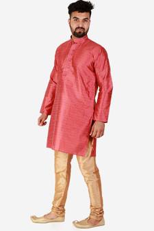 Maroon Printed Silk Kurta Pajama & Waistcoat Set For Mens