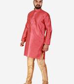 Maroon Printed Silk Kurta Pajama & Waistcoat Set For Mens