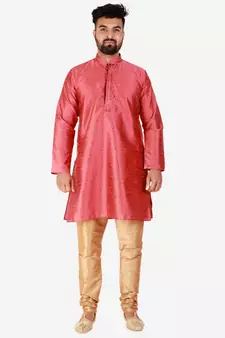 Maroon Printed Silk Kurta Pajama & Waistcoat Set For Mens