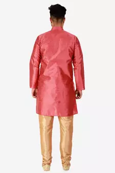 Maroon Printed Silk Kurta Pajama & Waistcoat Set For Mens