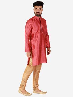 Maroon Printed Silk Kurta Pajama & Waistcoat Set For Mens 4