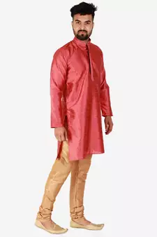 Maroon Printed Silk Kurta Pajama & Waistcoat Set For Mens
