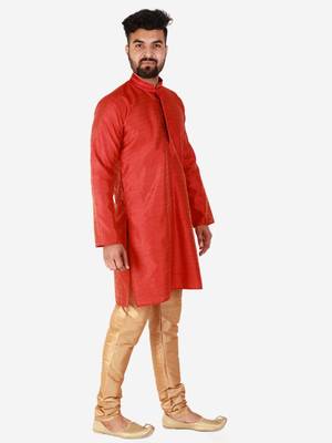 Red Printed Silk Kurta Pajama & Waistcoat Set For Mens 1