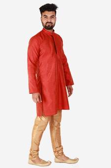 Red Printed Silk Kurta Pajama & Waistcoat Set For Mens