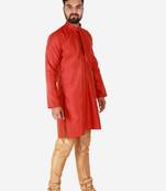 Red Printed Silk Kurta Pajama & Waistcoat Set For Mens