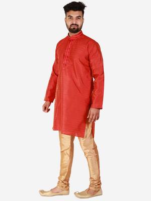 Red Printed Silk Kurta Pajama & Waistcoat Set For Mens 2