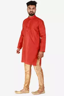 Red Printed Silk Kurta Pajama & Waistcoat Set For Mens