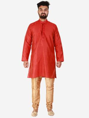 Red Printed Silk Kurta Pajama & Waistcoat Set For Mens 3